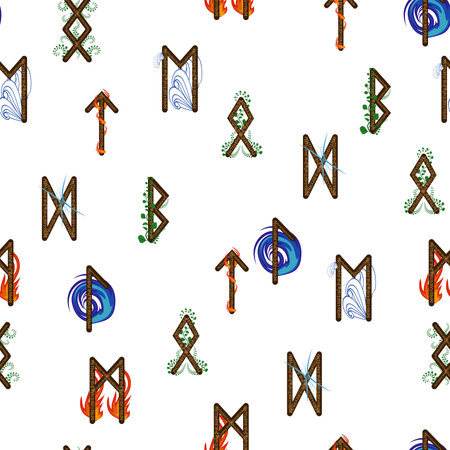 Hand drawn runic letters seamless pattern with elemental symbols. Magic signs and symbols of Scandinavian culture.のイラスト素材
