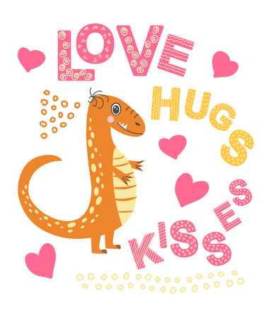 Scandinavian hand drawn illustration with dinosaur, dragon. Children's poster, poster, pajamas.のイラスト素材