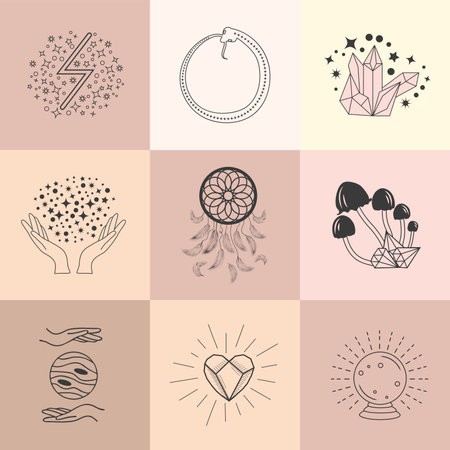 Set of magic symbols, celestial seamless pattern. Astrological, magical and esoteric symbols.のイラスト素材