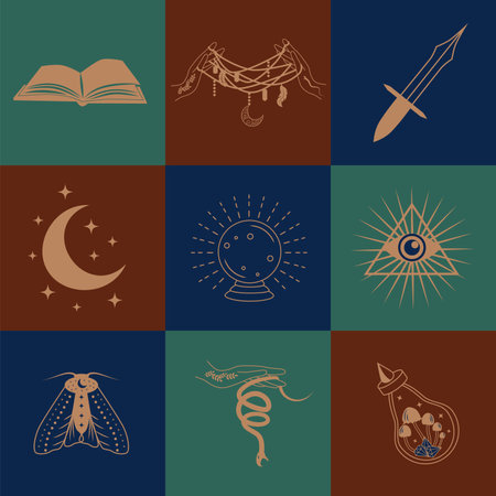 Set of magic symbols, celestial seamless pattern. Astrological, magical and esoteric symbols.のイラスト素材