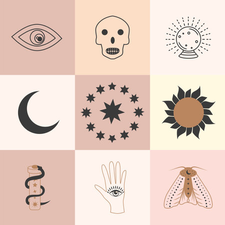 Set of magic symbols, celestial seamless pattern. Astrological, magical and esoteric symbols.のイラスト素材