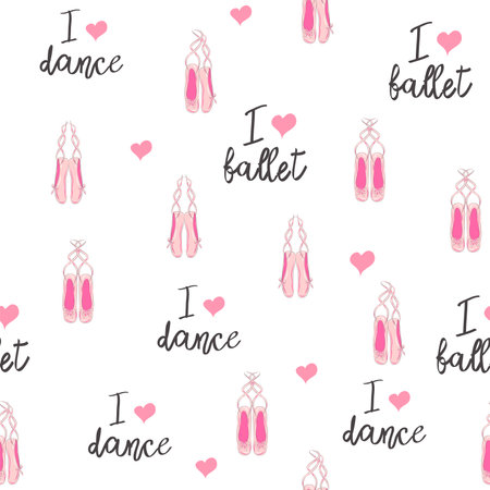 Seamless pattern with ballet pointe shoes and additional elements, imitation of a sketch, watercolors. Ballet school promo backgroundのイラスト素材