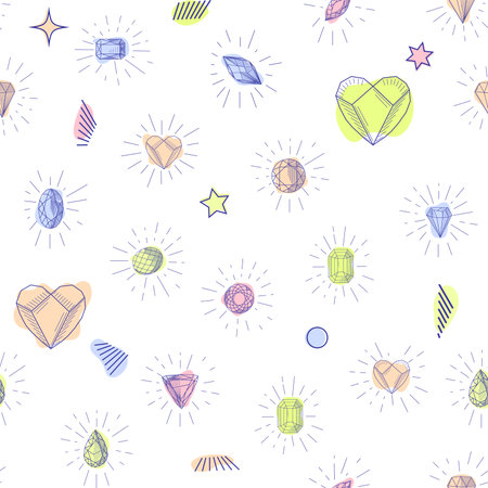 Gemstone crystal seamless pattern. Pastel gems and stars on white background.のイラスト素材