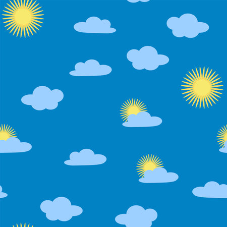 Bright sun and clouds seamless pattern, sky, childrens fashionのイラスト素材