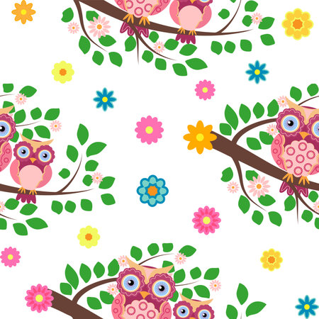 Seamless colorful owl pattern for children with flowers, clouds, branchesのイラスト素材