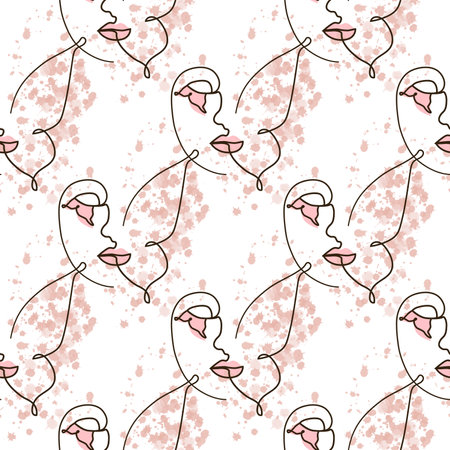 Woman face Continuous line seamless pattern. Abstract Female portrait with Butterfly. Drawing vector Wallpaper, fabric, wrapping paper, card, posterのイラスト素材