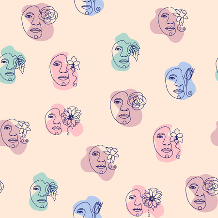 Female portrait Outline woman face, abstract flowers leaves, line continuous drawing vector seamless pattern.のイラスト素材