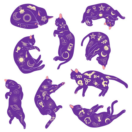 Mystical set of cats in boho style, Silhouette collection. Witchcraft and sorcery. Esoterics and mysticism, occultism. Cartoon flat vector illustrations, isolatedのイラスト素材