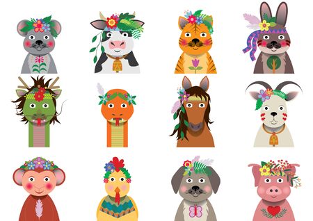 A set of Chinese zodiac animals with Bohemian floral headpieceのイラスト素材
