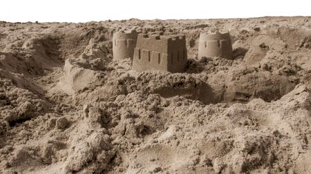 Cut out sand castle with clipping path. Suitable to decorate banners, presentation, posters or greeting card. Space for text providedの写真素材