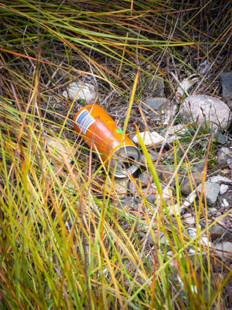 CRADLE MT, AU - 7 DEC 2017: tin can of orange drink left behind by irresponsible visitor. Litter is...