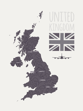 Vector set with map, text, flag, plane  United Kingdomのイラスト素材