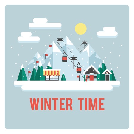 Ski resort in mountains, winter time, dayのイラスト素材