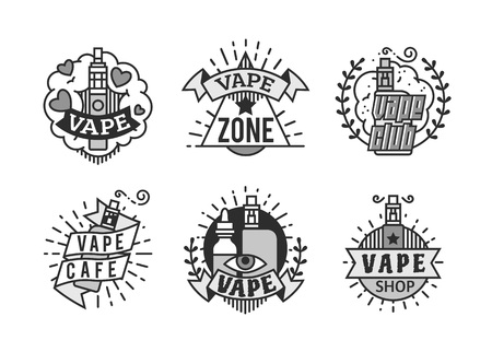 Vector Vaping Badges, Modern Line Art Labels, Vape Shop Logo, Retro Illustrationのイラスト素材