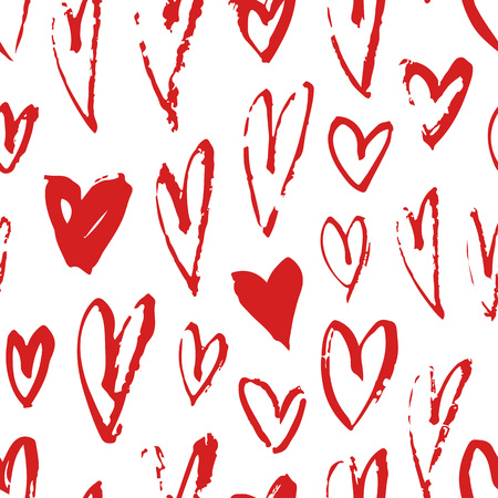 Hand drawn paint seamless pattern. Red and white vector hearts background. Abstract brush drawingのイラスト素材