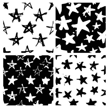 Set of hand drawn paint seamless pattern. Black and white stars backgroundのイラスト素材