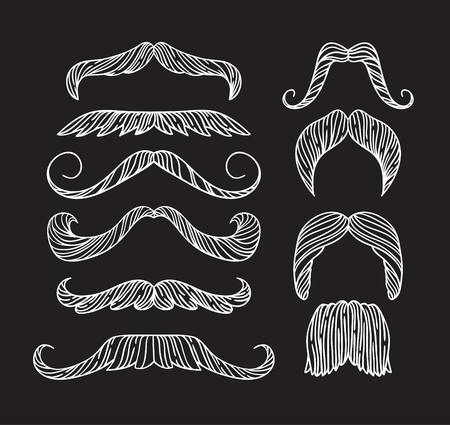 Set of hand drawn old fashion mustaches. Black contour artistic drawing. Actual hipster vector. Male barber sahop illustrationのイラスト素材