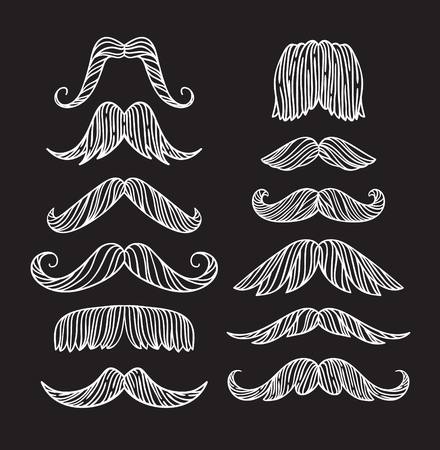Set of hand drawn old fashion mustaches. Black contour artistic drawing. Actual hipster vector. Male barber sahop illustrationのイラスト素材