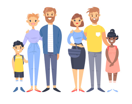 Set of young couples with adopted kids. Hand drawn women, men, asian boy and black girl. Flat style vector illustration family. Cartoon characters isolated on white backgroundのイラスト素材