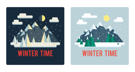 Set of winter landscapes (day and night). Mountains. Cute flat style.のイラスト素材