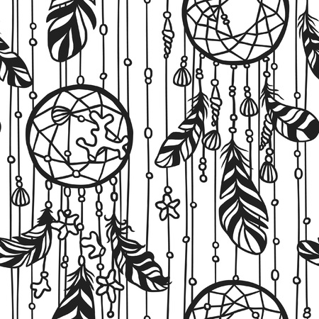 Black contour Dream catche boho illustration. Hand Drawn Ink art work. Dreamcatcher with sea objects and feathers. Vector seamless pattern.のイラスト素材