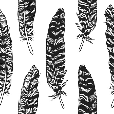 Hand drawn Bohemian chic style illustration. Ink vector Seamless pattern with Boho Feathers. Creative black contour art-work.のイラスト素材