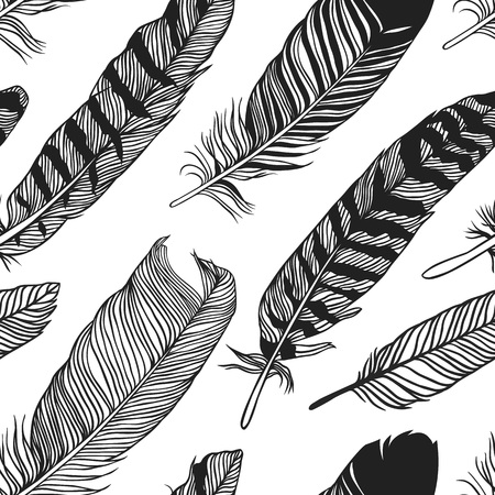 Hand drawn Bohemian chic style illustration. Ink vector Seamless pattern with Boho Feathers. Creative black contour art-work.のイラスト素材