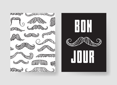 Set of templates for fashion cards. Hand drawn vector patterns hipster brochures with mustacheのイラスト素材