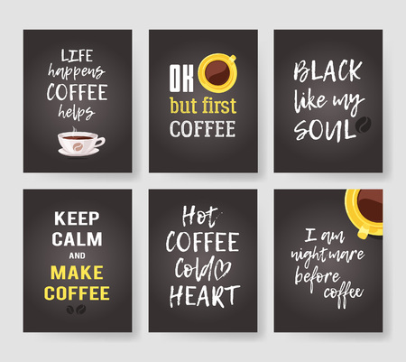 Set of templates for cards with positive text about coffee. Hand drawn vector patterns brochures and lettering quote. Actual artistic design flyersのイラスト素材