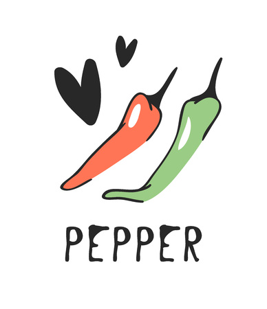Hand drawn set of vegetable and text. Vector artistic drawing pepperのイラスト素材