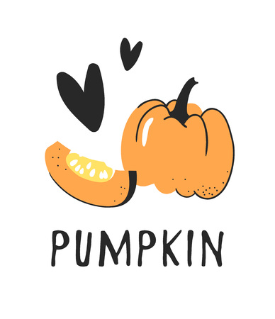 Hand drawn set of vegetable and text. Vector artistic drawing pumpkinのイラスト素材