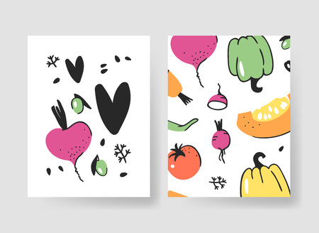 Set of templates for summer cards. Hand drawn vector patterns brochures with veggies. Actual artistic designのイラスト素材