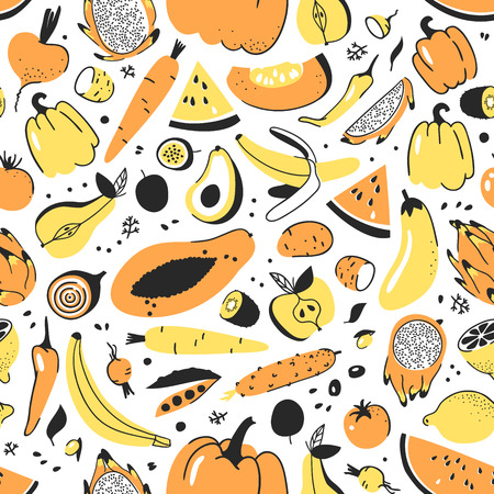 Hand drawn seamless pattern with fruits and vegetables. Vector artistic illustration food. Vegan drawingの写真素材
