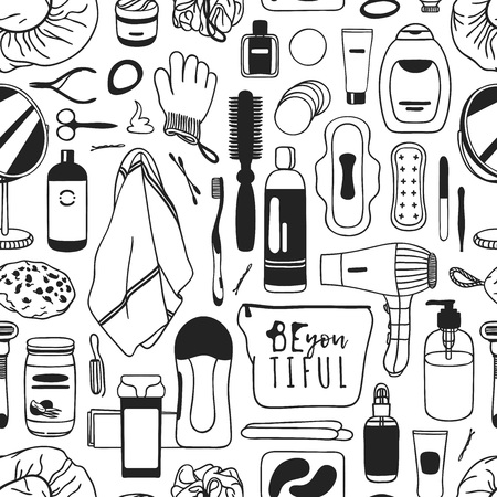Hand drawn seamless pattern with cosmetics. Actual vector drawing background with beauty productsのイラスト素材