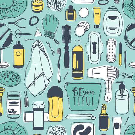 Hand drawn seamless pattern with cosmetics. Actual vector drawing background with beauty productsのイラスト素材