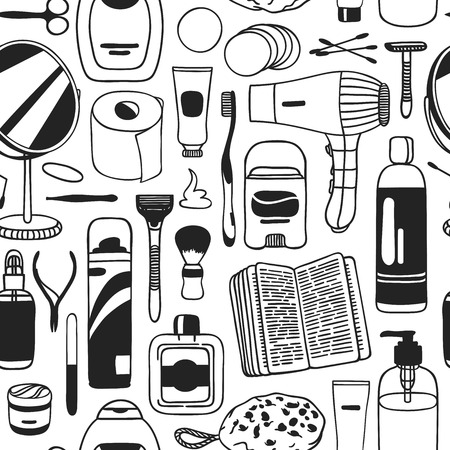 Hand drawn seamless pattern with cosmetics. Actual vector drawing background with male beauty productsのイラスト素材
