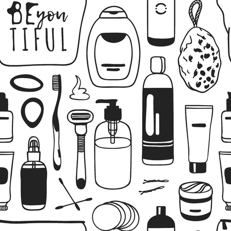 Hand drawn female seamless pattern with cosmetics. Actual vector drawing background with beauty productsのイラスト素材