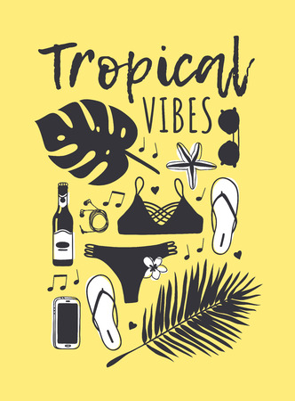 Tropical vibes text with beach clothing on a yellow backgroundのイラスト素材