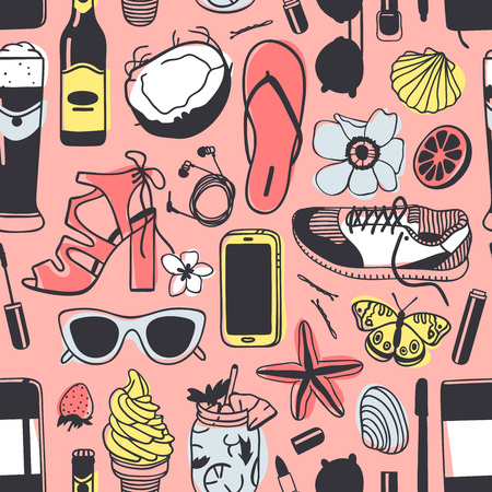 Pink background with illustrations of footwear, beer, flowers, phone and beach itemsのイラスト素材