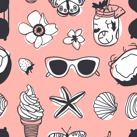 Pink background with ice-cream, star, glasses and flowers