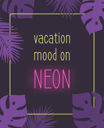 Purple background with a neon quote and palm leaf illustration.のイラスト素材