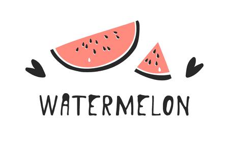 Hand drawn set of tropical fruit and text. Vector artistic drawing food. Summer illustration watermelonのイラスト素材