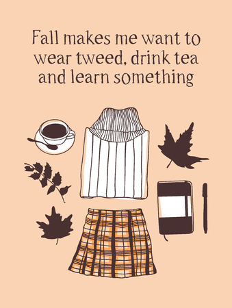 Hand drawn Autumn illustration and lettering. Creative ink season art work with text. Actual vector quote about Fallのイラスト素材