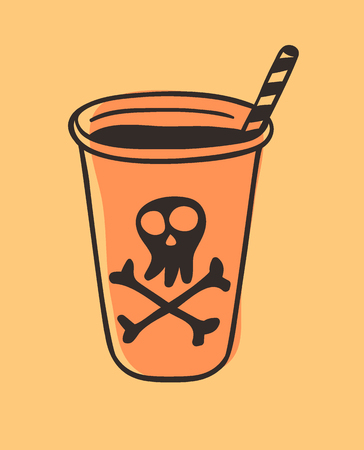 Hand drawn illustration of a drink with skull and bones. Creative ink art work. Actual vector drawing Alcohol ?ocktail. Artistic isolated Halloween objectのイラスト素材