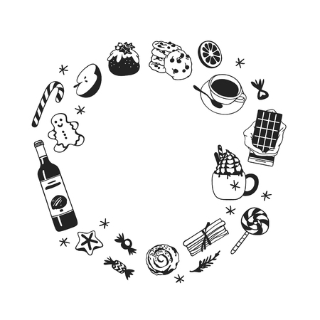 Hand drawn Christmas frame of food: candy cane, pudding, gingerbread cookies, tea or coffee, latte, bun, chocolate, wine on white background. Creative Holidays ink art work. Actual vector doodle drawingのイラスト素材