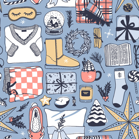Hand drawn Christmas and New Year illustration. Creative ink art work. Actual cozy vector seamless pattern. Winter set of Holidays things, accessories, decoration, food, drinksのイラスト素材
