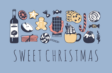Hand drawn Christmas set on blue background. Creative Holidays ink art work. Actual vector doodle drawing and text SWEET CHRISTMASのイラスト素材