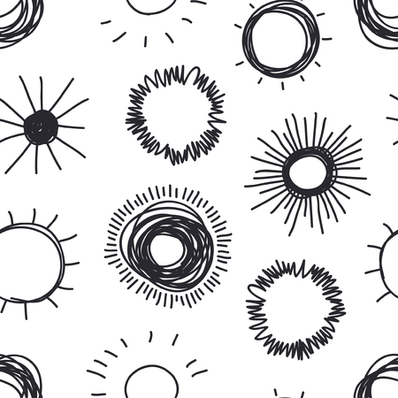 Hand drawn Illustration Sun. Doodle style seamless pattern. Black and white Solar System Objectsのイラスト素材