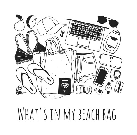 Hand drawn Fashion Illustration What is in my bag. Vector picture Summer casual objects. Artistic Tropical doddle drawing. Creative ink art workのイラスト素材