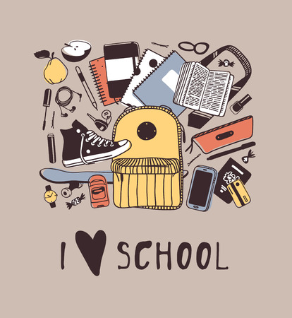 Hand drawn Fashion Illustration What is in my bag. Vector picture casual objects. Artistic School doddle drawing. Creative ink art workのイラスト素材